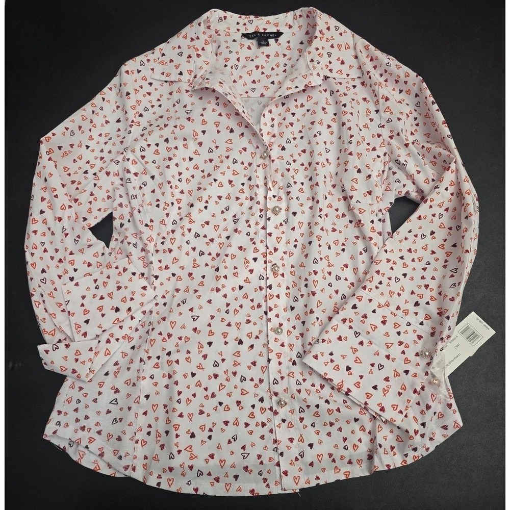 NWT Zac & Rachel Heart Print Button-Down Blouse – Size L (MSRP $48)